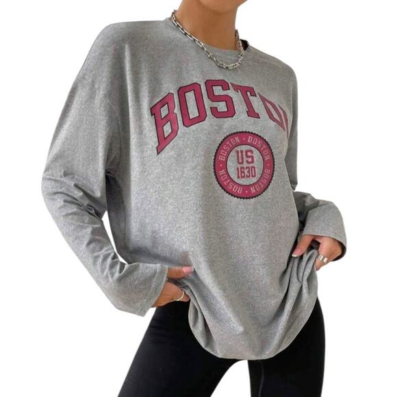 Shein Women's Small Gray Red Long Sleeve Round Neck "Boston" Graphic Tee - Picture 3 of 7